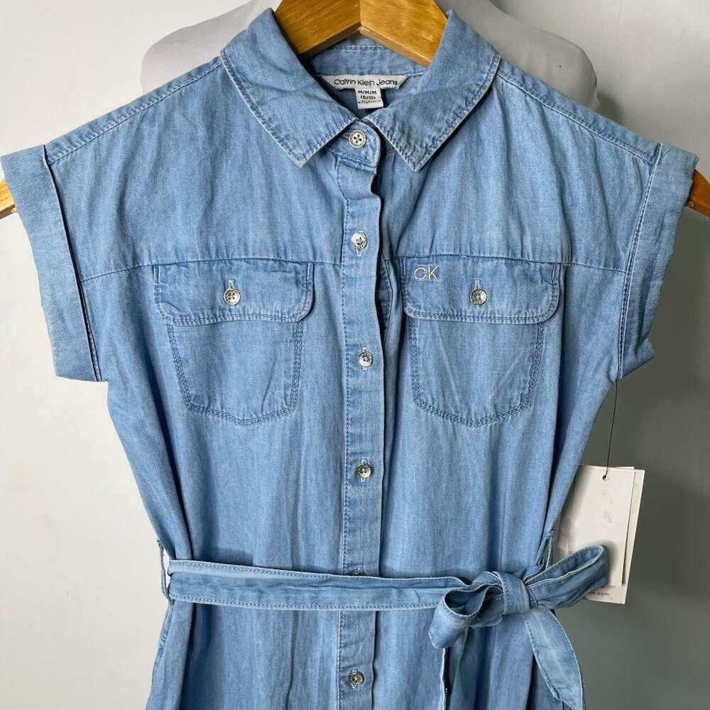 NWT Calvin Klein Jeans Kid's Blue Cotton Belted Short Sleeve Dress Size Medium - Picture 3 of 11